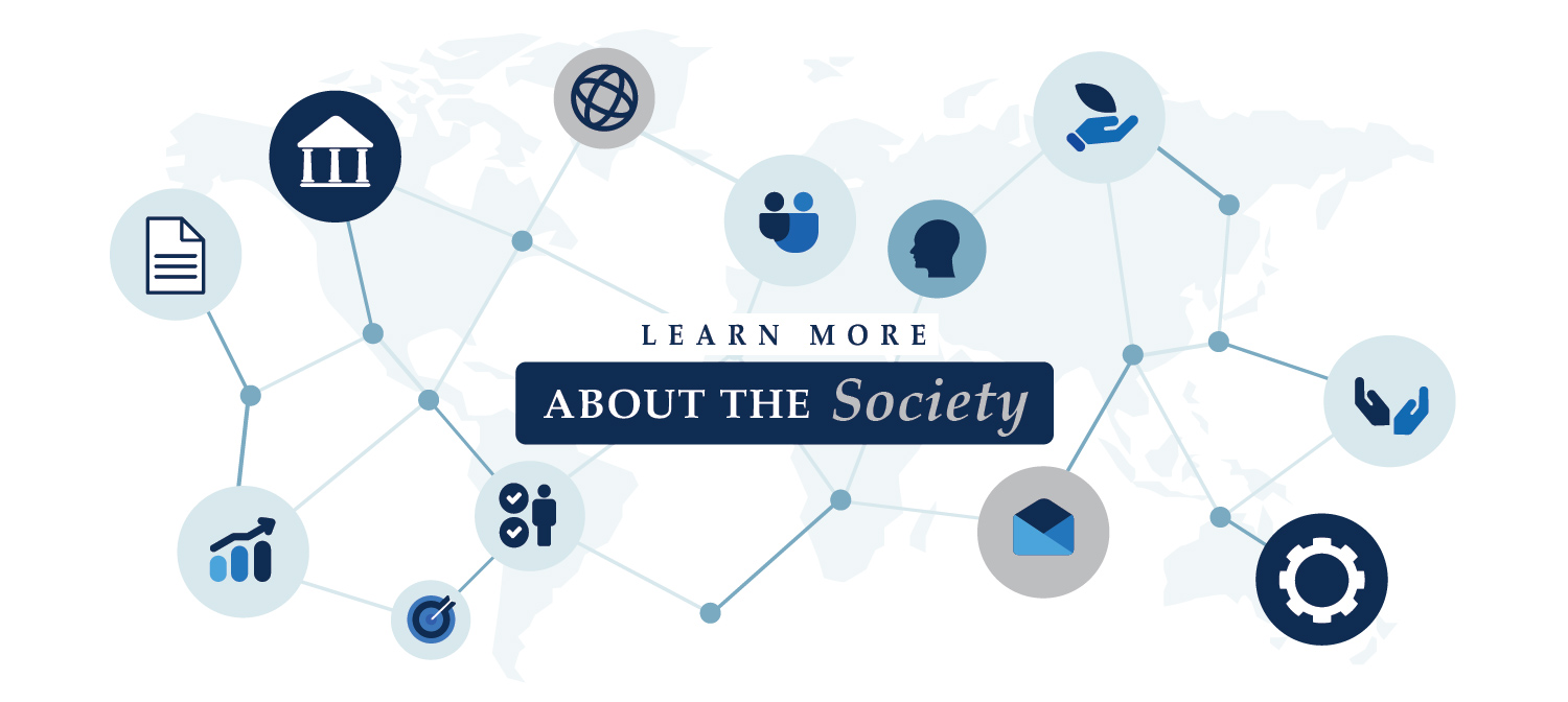 Artistic node diagram overlaying global map with the following text: About the Society